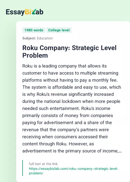 Roku Company: Strategic Level Problem - Essay Preview