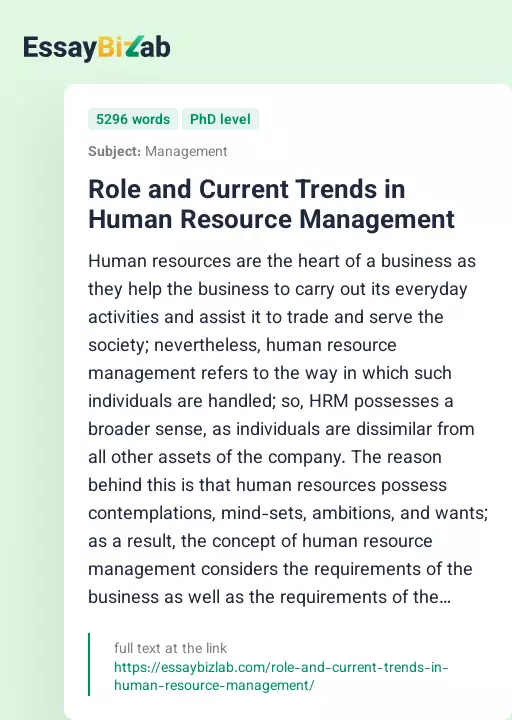 Role and Current Trends in Human Resource Management - Essay Preview