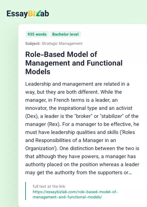 Role-Based Model of Management and Functional Models - Essay Preview