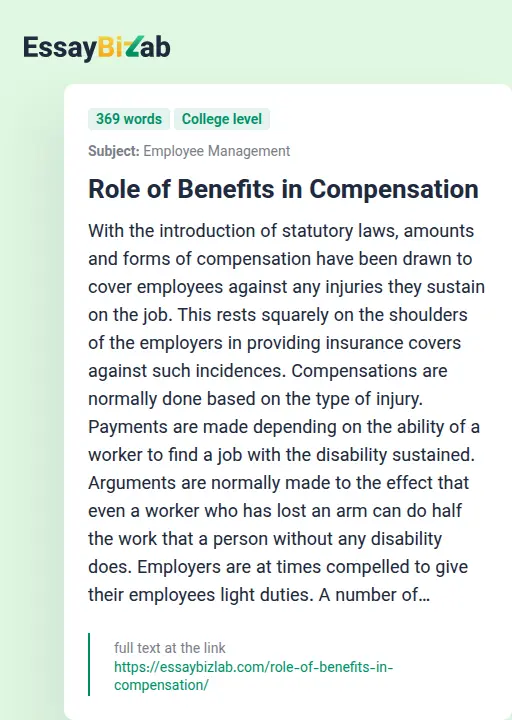 Role of Benefits in Compensation - Essay Preview
