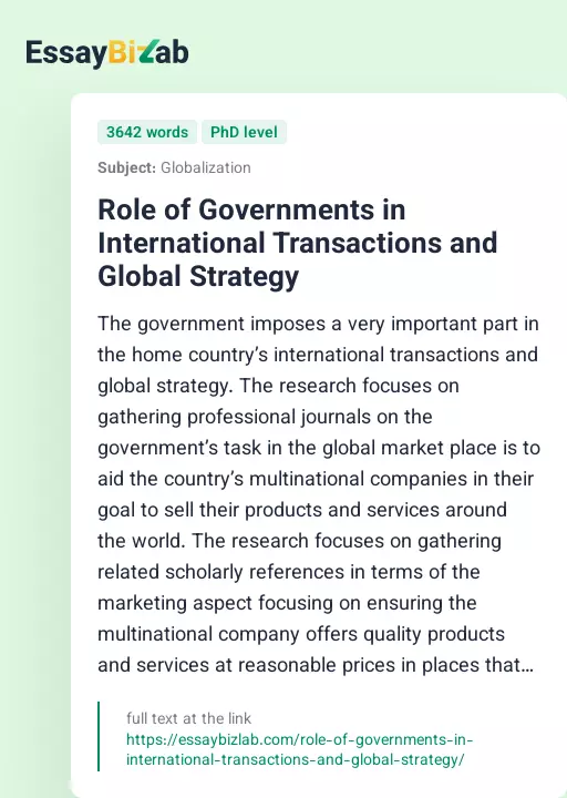 Role of Governments in International Transactions and Global Strategy - Essay Preview