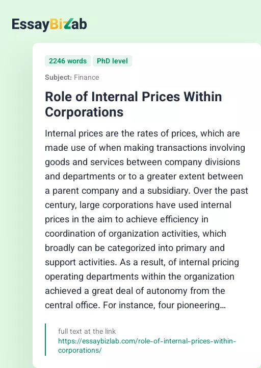 Role of Internal Prices Within Corporations - Essay Preview