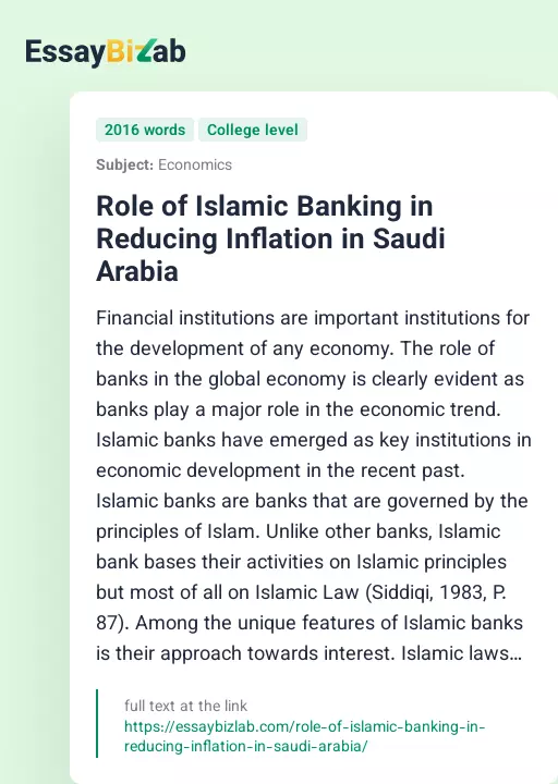 Role of Islamic Banking in Reducing Inflation in Saudi Arabia - Essay Preview