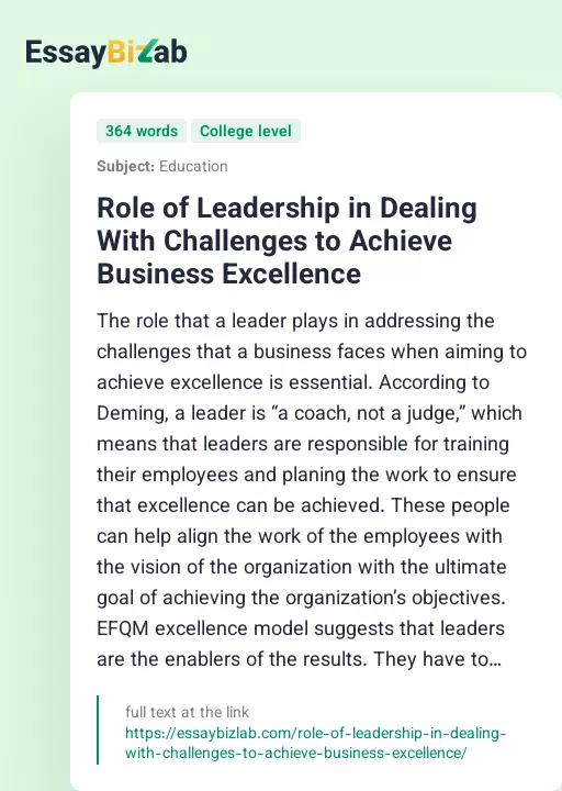 Role of Leadership in Dealing With Challenges to Achieve Business Excellence - Essay Preview
