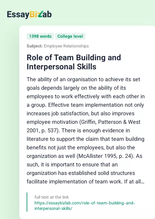 Role of Team Building and Interpersonal Skills - Essay Preview