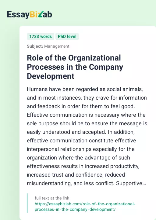 Role of the Organizational Processes in the Company Development - Essay Preview