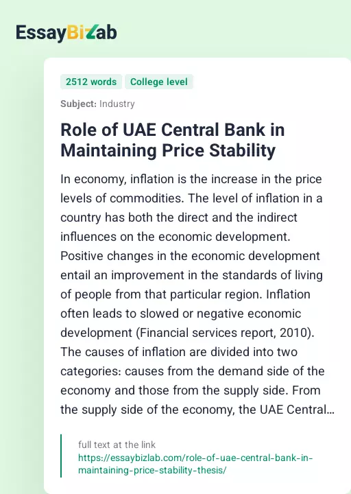 Role of UAE Central Bank in Maintaining Price Stability - Essay Preview
