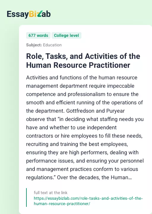 Role, Tasks, and Activities of the Human Resource Practitioner - Essay Preview