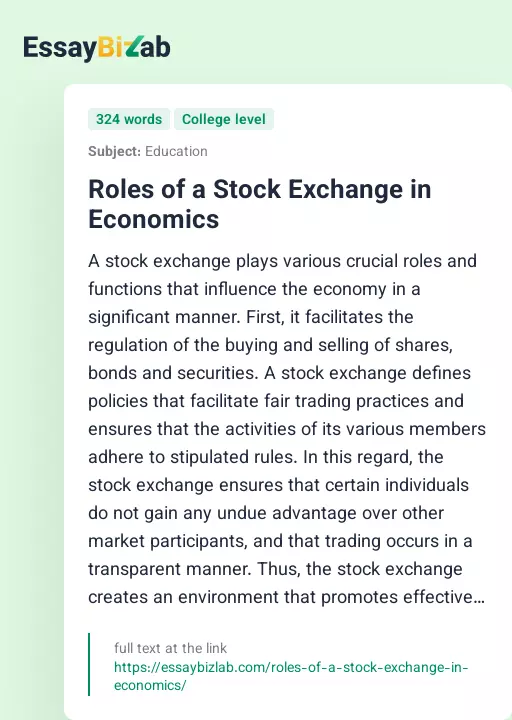 Roles of a Stock Exchange in Economics - Essay Preview