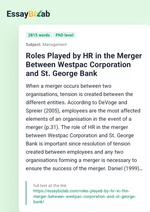 Roles Played by HR in the Merger Between Westpac Corporation and St. George Bank - Essay Preview