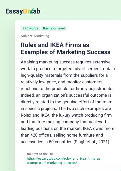 Rolex and IKEA Firms as Examples of Marketing Success - Essay Preview