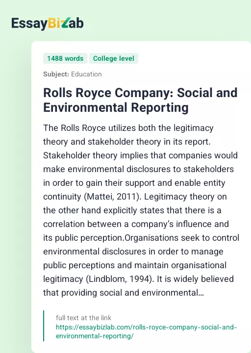 Rolls Royce Company: Social and Environmental Reporting - Essay Preview