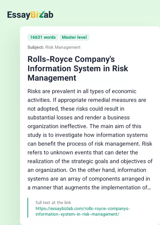 Rolls-Royce Company's Information System in Risk Management - Essay Preview