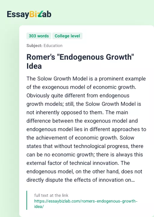 Romer's "Endogenous Growth" Idea - Essay Preview
