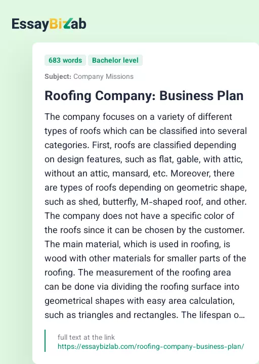 Roofing Company: Business Plan - Essay Preview