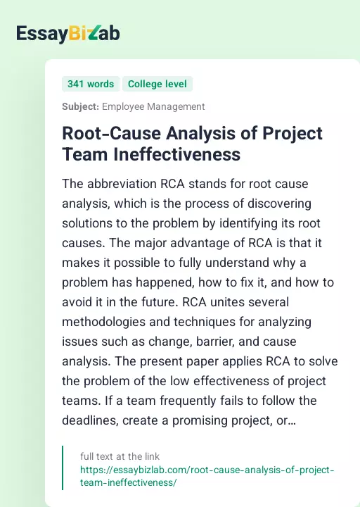 Root-Cause Analysis of Project Team Ineffectiveness - Essay Preview