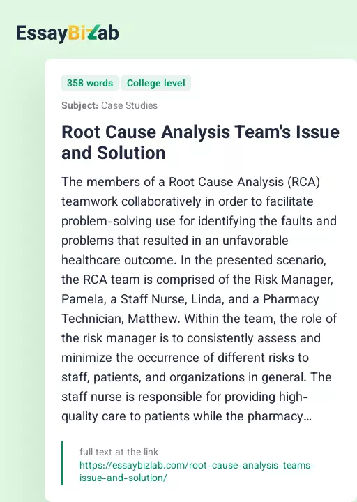 Root Cause Analysis Team's Issue and Solution - Essay Preview