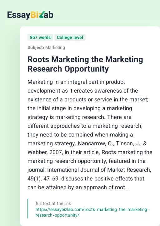 Roots Marketing the Marketing Research Opportunity - Essay Preview
