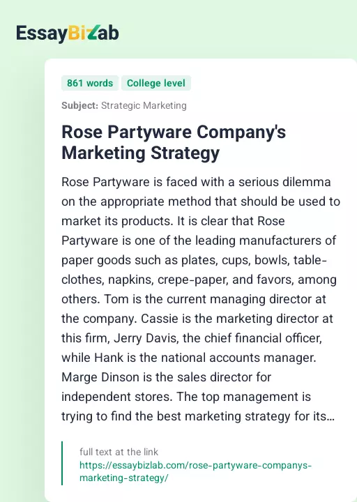 Rose Partyware Company's Marketing Strategy - Essay Preview