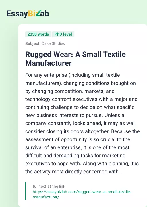Rugged Wear: A Small Textile Manufacturer - Essay Preview