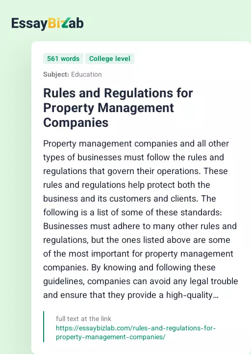 Rules and Regulations for Property Management Companies - Essay Preview