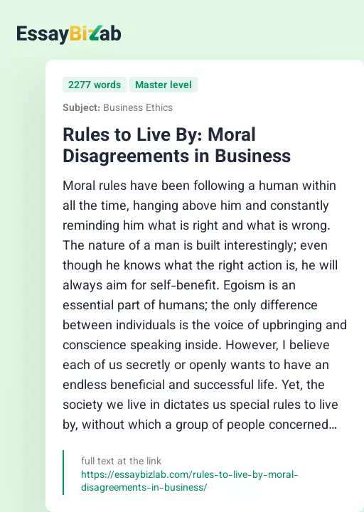 Rules to Live By: Moral Disagreements in Business - Essay Preview