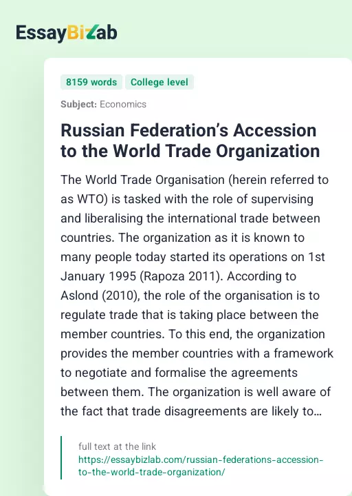 Russian Federation’s Accession to the World Trade Organization - Essay Preview
