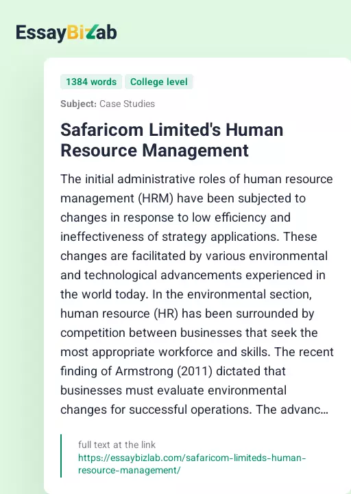 Safaricom Limited's Human Resource Management - Essay Preview
