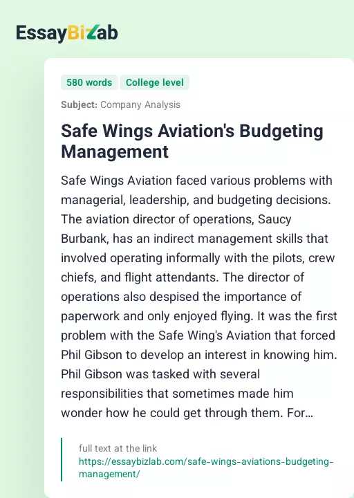 Safe Wings Aviation's Budgeting Management - Essay Preview