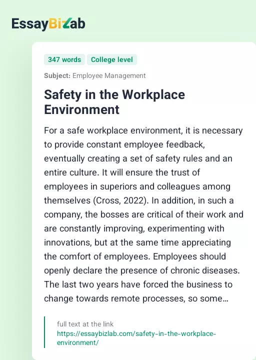 Safety in the Workplace Environment - Essay Preview