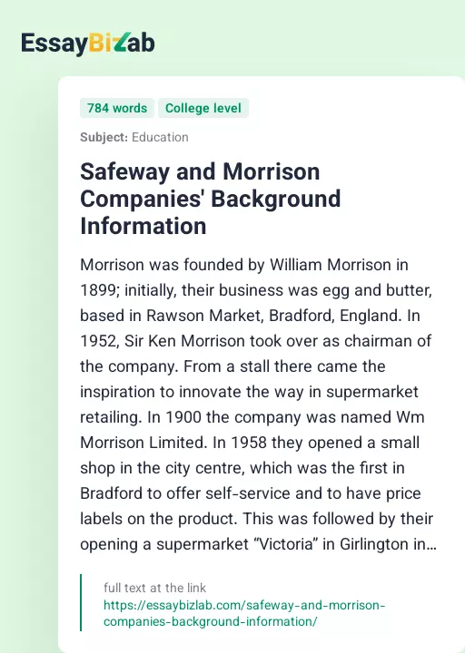 Safeway and Morrison Companies' Background Information - Essay Preview
