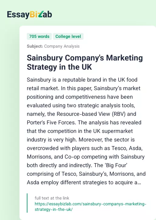 Sainsbury Company's Marketing Strategy in the UK - Essay Preview