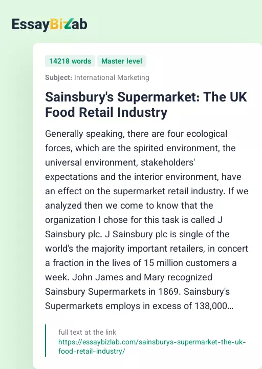 Sainsbury's Supermarket: The UK Food Retail Industry - Essay Preview
