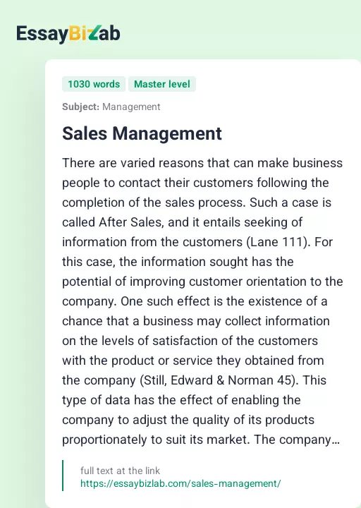 Sales Management - Essay Preview