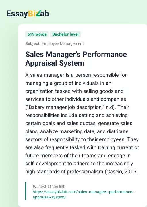 Sales Manager's Performance Appraisal System - Essay Preview