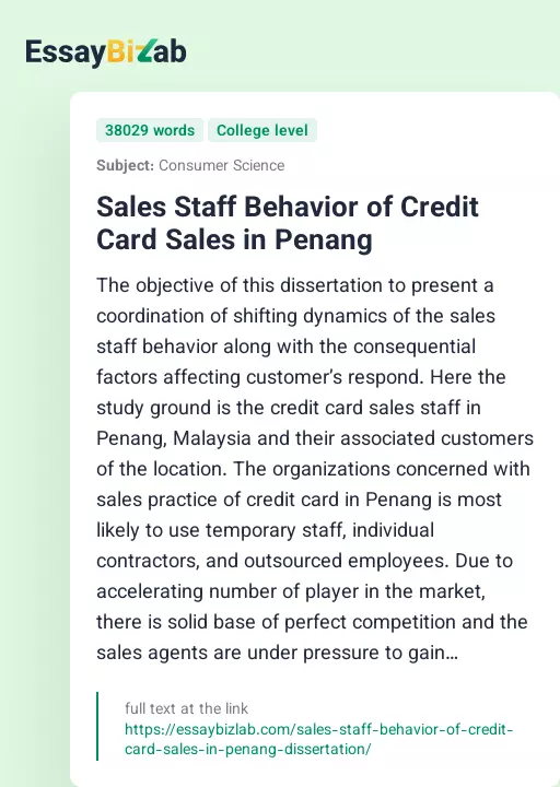 Sales Staff Behavior of Credit Card Sales in Penang - Essay Preview