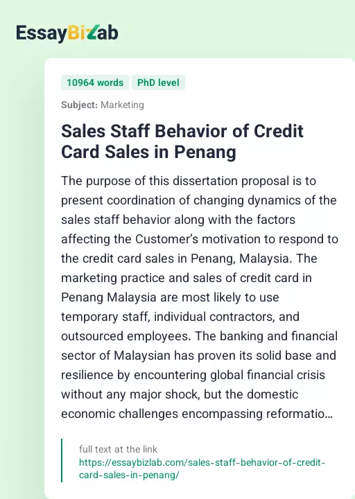 Sales Staff Behavior of Credit Card Sales in Penang - Essay Preview