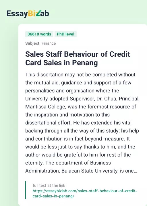 Sales Staff Behaviour of Credit Card Sales in Penang - Essay Preview