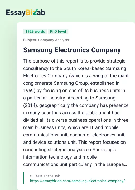 Samsung Electronics Company - Essay Preview