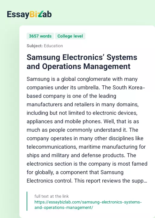Samsung Electronics’ Systems and Operations Management - Essay Preview