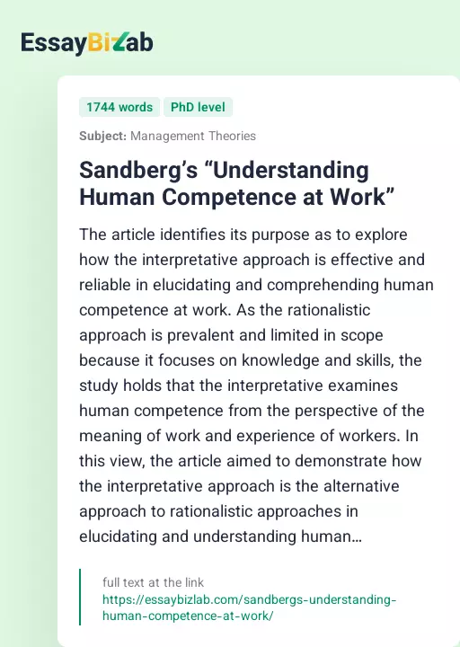 Sandberg’s “Understanding Human Competence at Work” - Essay Preview
