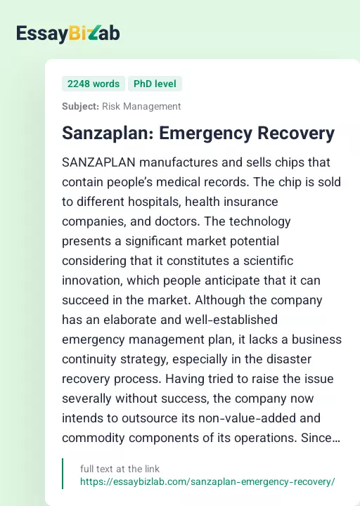 Sanzaplan: Emergency Recovery - Essay Preview