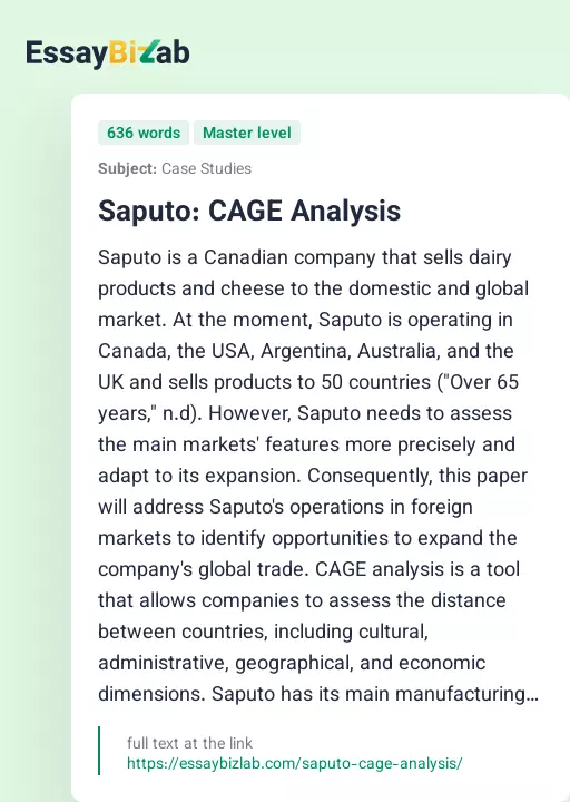 Saputo: CAGE Analysis - Essay Preview