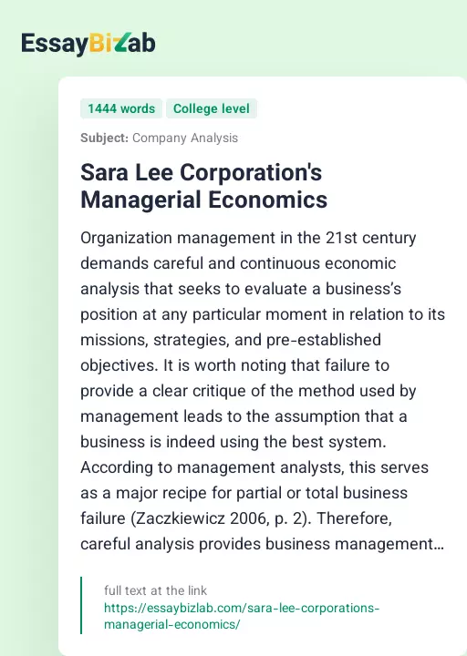 Sara Lee Corporation's Managerial Economics - Essay Preview