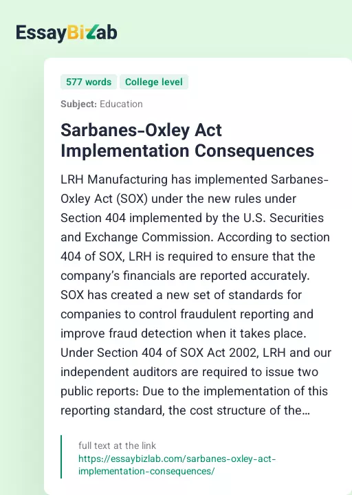 Sarbanes-Oxley Act Implementation Consequences - Essay Preview