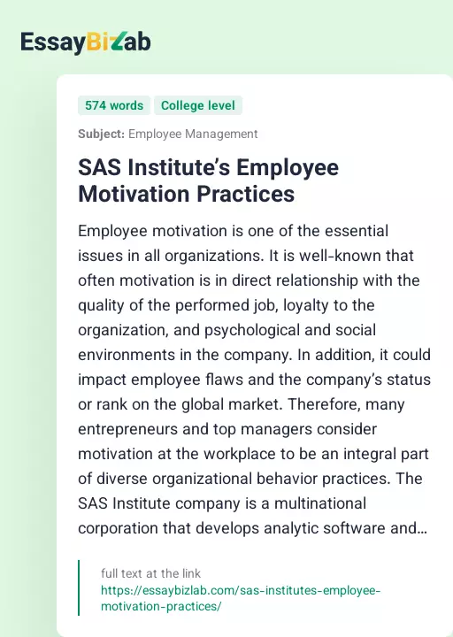 SAS Institute’s Employee Motivation Practices - Essay Preview