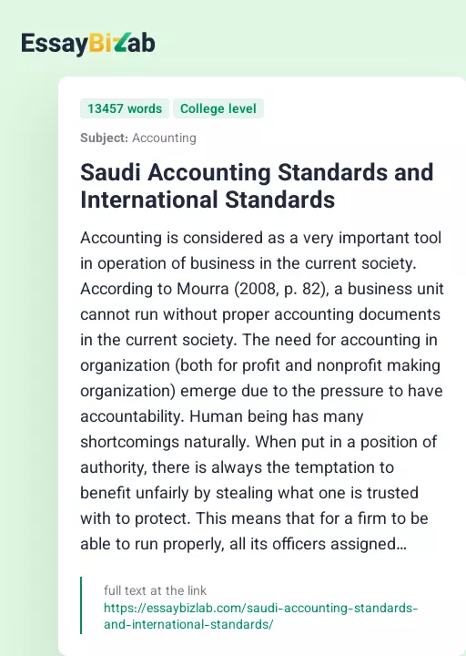 Saudi Accounting Standards and International Standards - Essay Preview
