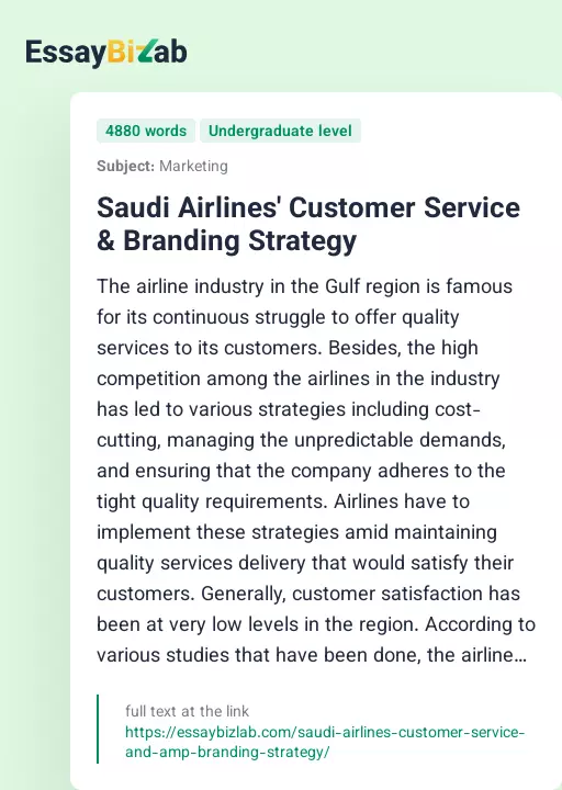 Saudi Airlines' Customer Service & Branding Strategy - Essay Preview