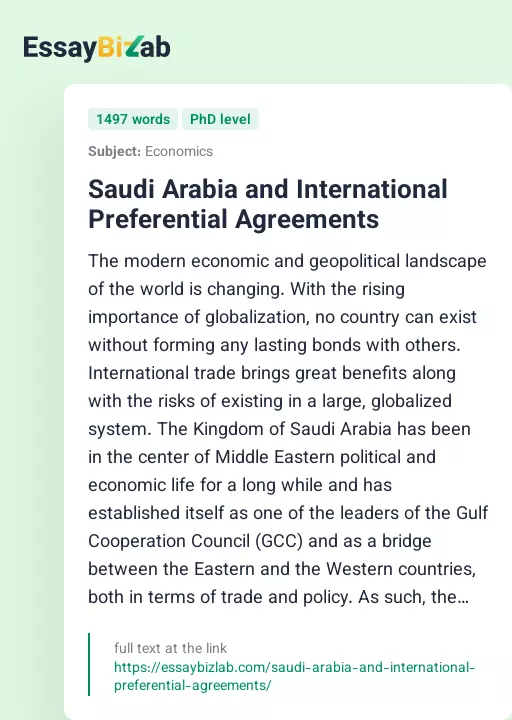 Saudi Arabia and International Preferential Agreements - Essay Preview