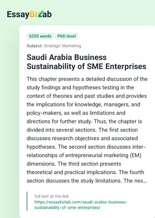 Saudi Arabia Business Sustainability of SME Enterprises - Essay Preview